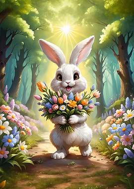 Cute Bunny with Flowers in Forest