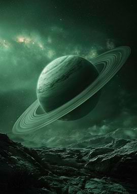 Green Saturn on Rocky Planet Surface
