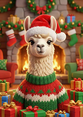 Christmas Llama with Santa Hat