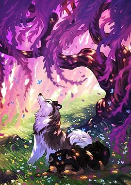 Dogs under a purple tree