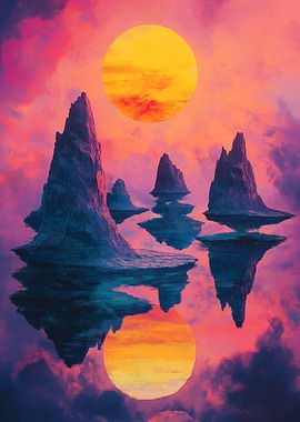 Surreal Landscape with Islands and Sun
