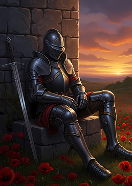 Knight resting at sunset