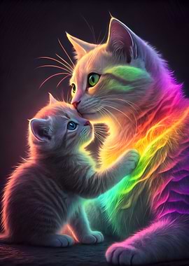 Rainbow Cats: Mother and Kitten
