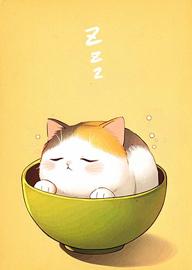 Sleeping Cat in Bowl Illustration