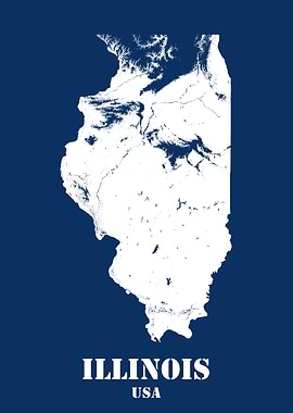 Illinois USA State Minimalist White Topographic Contour Relief Map featuring terrain on navy blue background