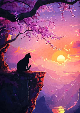 Cat Silhouette Under Cherry Blossom Tree