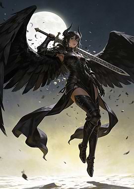 Winged Warrior with Sword and Moon