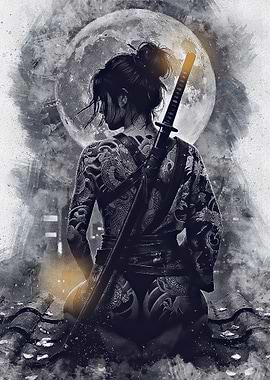 Tattooed Samurai Woman Under Moonlight