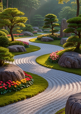 Serene Japanese Garden with Raked Sand