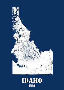 Idaho USA State Minimalist White Topographic Contour Relief Map featuring terrain on navy blue background