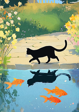 Black cat and goldfish in pond
