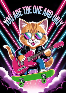 Cool Cat Guitarist on Skateboard