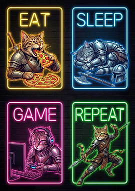 Eat Sleep Game Repeat Cat Posters