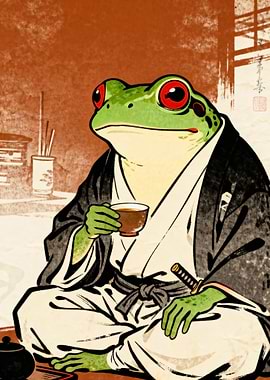 Frog Samurai Drinking Tea