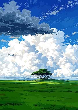 Green Field and Cloudy Sky