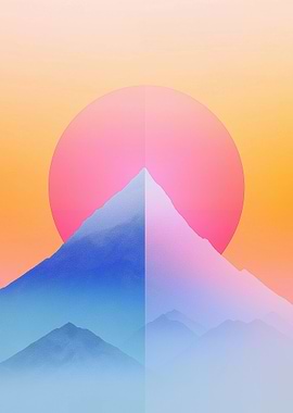 Colorful Mountain Landscape with Pink Sun