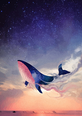 Watercolor Whale in Starry Sky