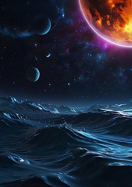 Cosmic Ocean Landscape with Planets