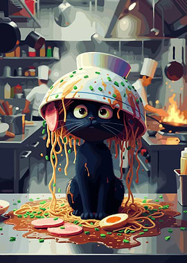 Cat with Ramen Bowl Hat