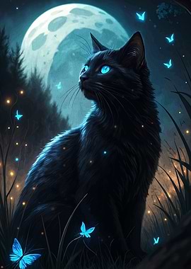 Black Cat with Butterflies and Moon