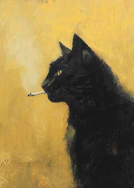 Smoking Black Cat Painting