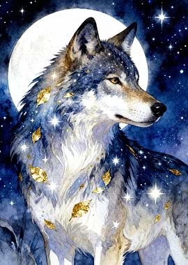 Watercolor Wolf with Moon and Stars