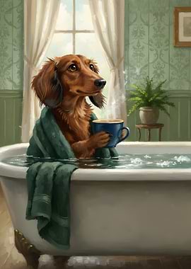Dachshund Relaxing in Bathtub with Coffee