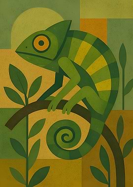 Stylized Green Chameleon on Branch Art