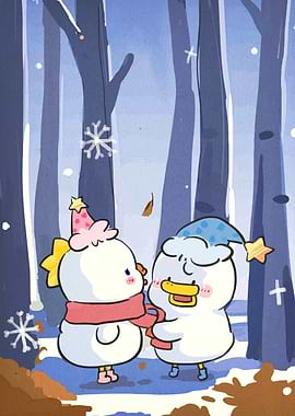 Winter Ducks in Snowy Forest Illustration