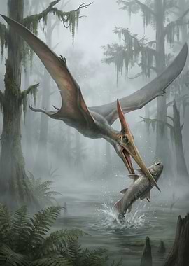 Pterodactyl catching fish in swamp