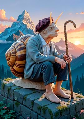 Anthropomorphic Snail on Mountain Ledge