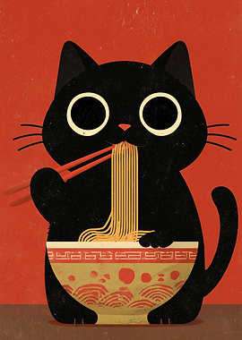 Black Cat Eating Ramen Illustration