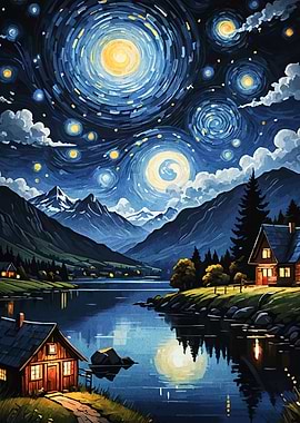 Starry Night Lake Cabin Landscape
