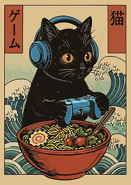 Gamer Cat with Ramen and Waves