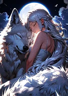Anime Girl with Wolf under Moonlight