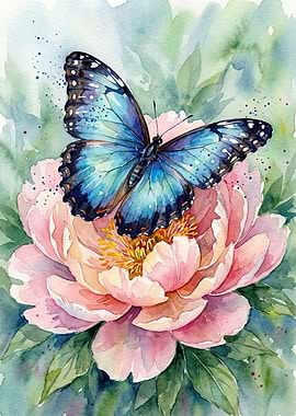 Butterfly on Peony Watercolor Painting