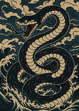 Snake Shio in Waves and Clouds
