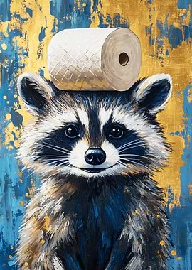 Raccoon with Toilet Paper Hat Painting