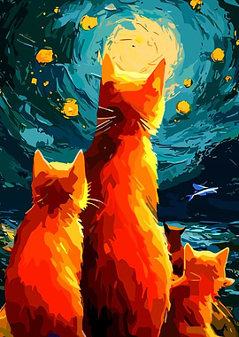 Cats under Starry Night Sky Painting