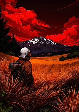 Astronaut in Field with Mountain View