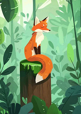 Fox on Stump in Forest Illustration