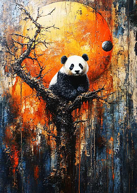 Panda in Tree with Orange Sun