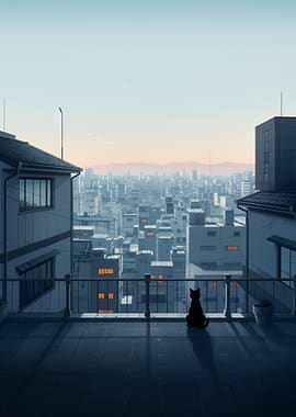 Cat gazing at cityscape from balcony