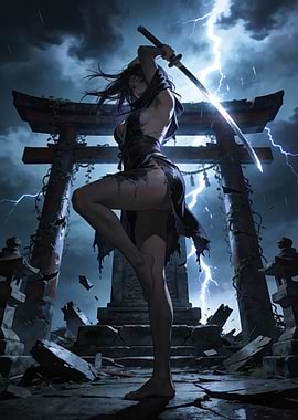 Female Warrior with Katana in Storm