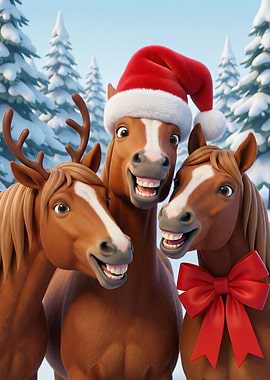 Christmas Horses with Santa Hat and Bow