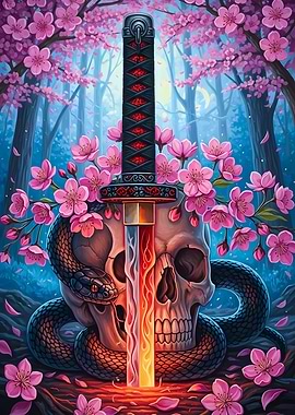Skull, Katana and Cherry Blossoms