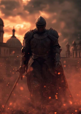 Armored Knight in Fiery Landscape