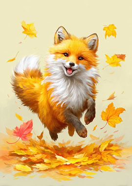 Happy Fox in Autumn Leaves
