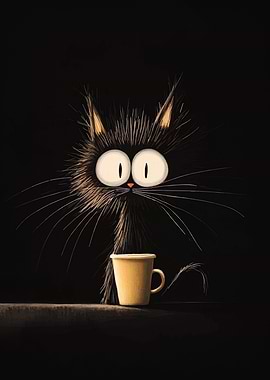 Cartoon Cat with Coffee Cup