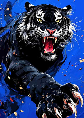 Roaring Black Tiger on Blue Background